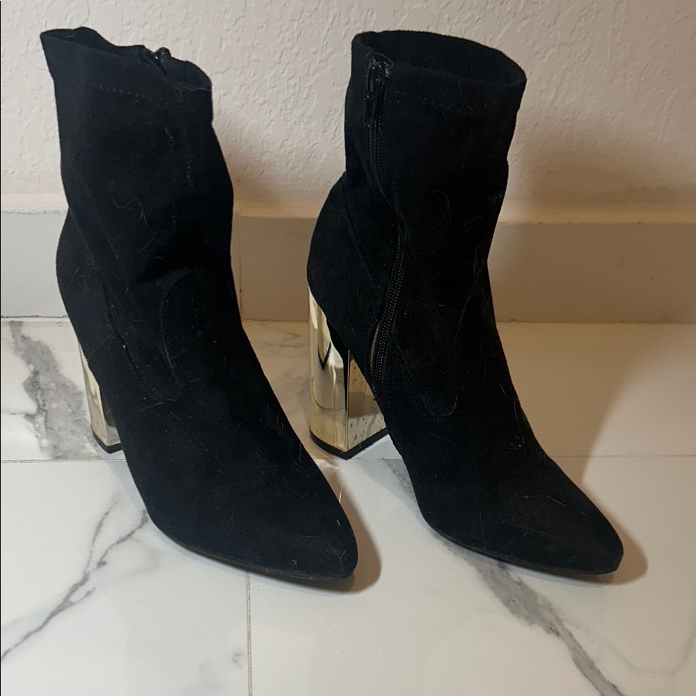Black Suede Ankle Boots with Gold Block Heel